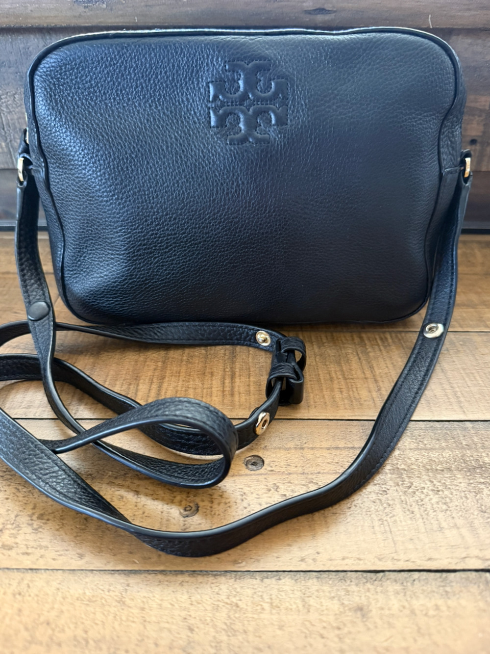 Tory Burch Crossbody Bag Womens Small Black Pebbled Leather Embossed Logo